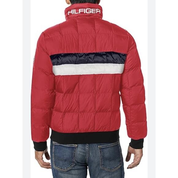 Tommy Hilfiger Puffer Bomber Jacket Mens Large Colorblock Spellout Logo Preppy - Picture 1 of 12